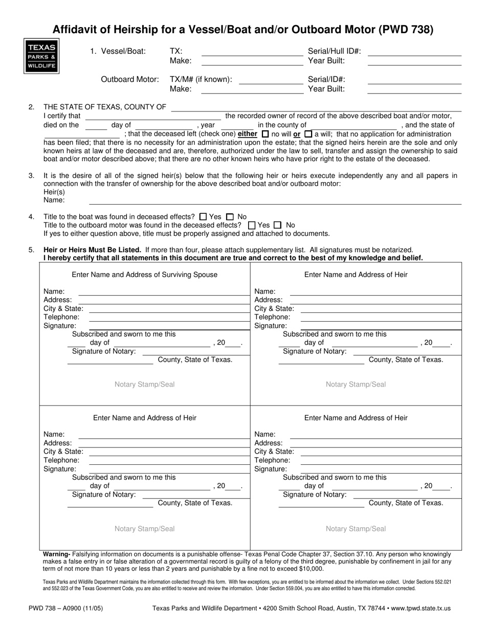 Form PWD738 Affidavit of Heirship for a Vessel / Boat and / or Outboard Motor - Texas, Page 1