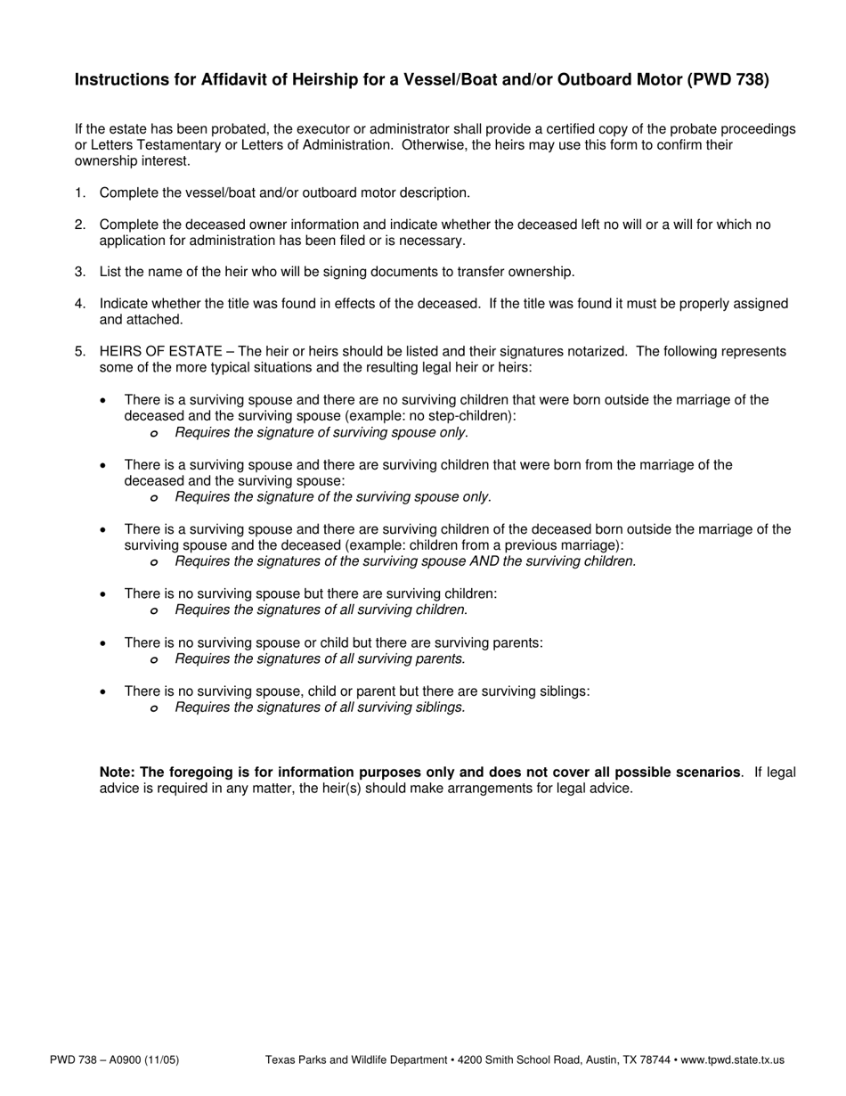Form PWD738 Affidavit of Heirship for a Vessel / Boat and / or Outboard Motor - Texas, Page 2