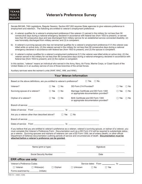 Form PWD741 Veteran's Preference Survey - Texas