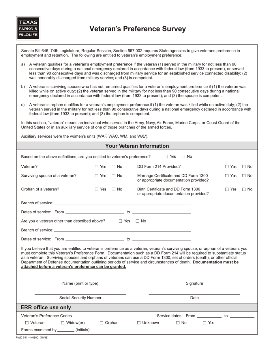 Form PWD741 Veterans Preference Survey - Texas, Page 1