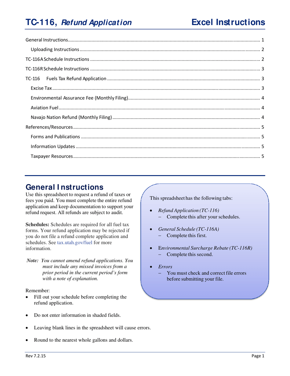 Instructions for Form TC-116 Fuels Tax Refund Application - Utah, Page 1
