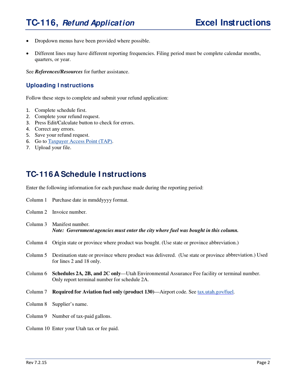 Instructions for Form TC-116 Fuels Tax Refund Application - Utah, Page 2