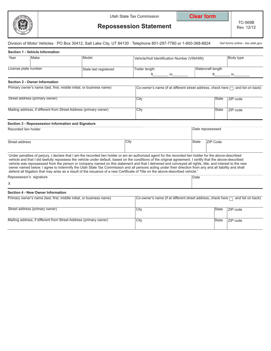 Form TC-569B Repossession Statement - Utah, Page 1