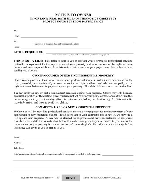 Form F625-054-000 Notice to Owner - Washington