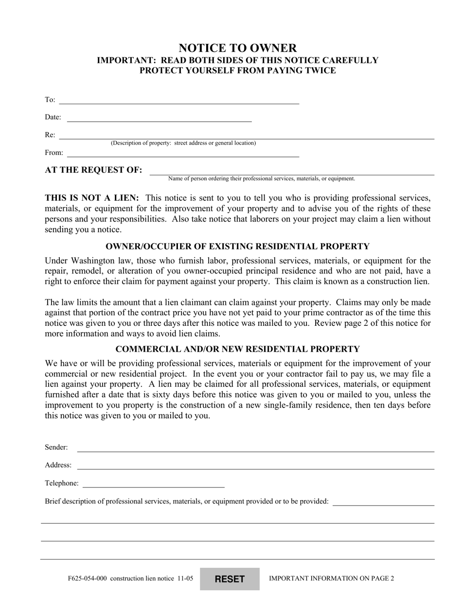 Form F625-054-000 Notice to Owner - Washington, Page 1