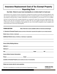 VT Form CR-001 Insurance Replacement Cost of Tax Exempt Property Reporting Form - Vermont
