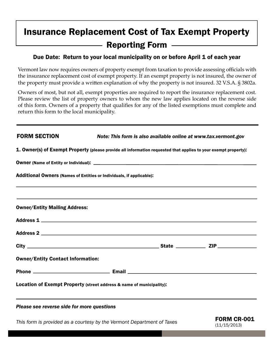 VT Form CR-001 Insurance Replacement Cost of Tax Exempt Property Reporting Form - Vermont, Page 1