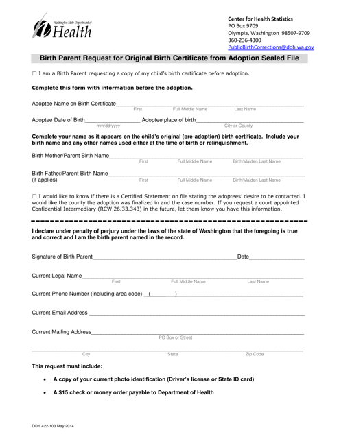 DOH Form 422-103 Birth Parent Request for Original Birth Certificate From Adoption Sealed File - Washington