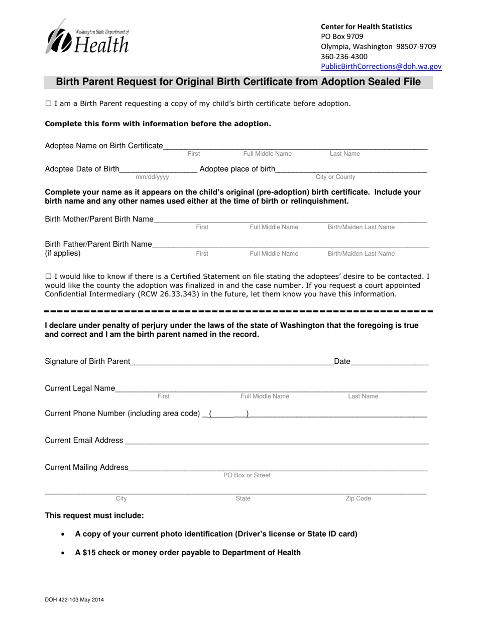 DOH Form 422-103 Birth Parent Request for Original Birth Certificate From Adoption Sealed File - Washington, Page 1