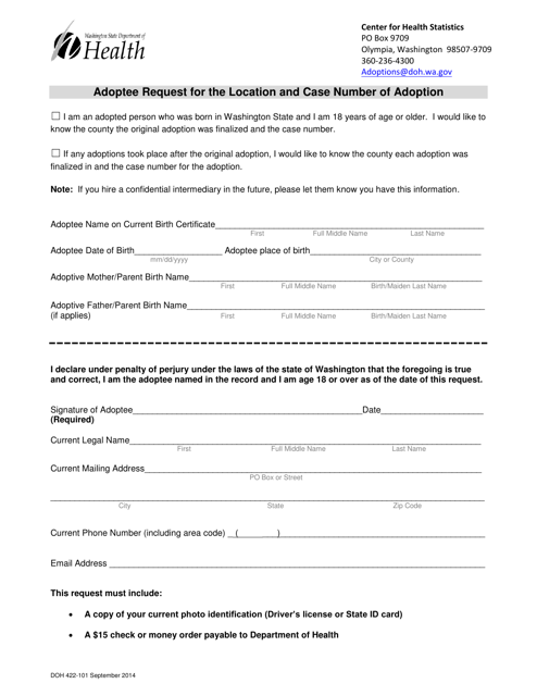 DOH Form 422-101 Adoptee Request for the Location and Case Number of Adoption - Washington