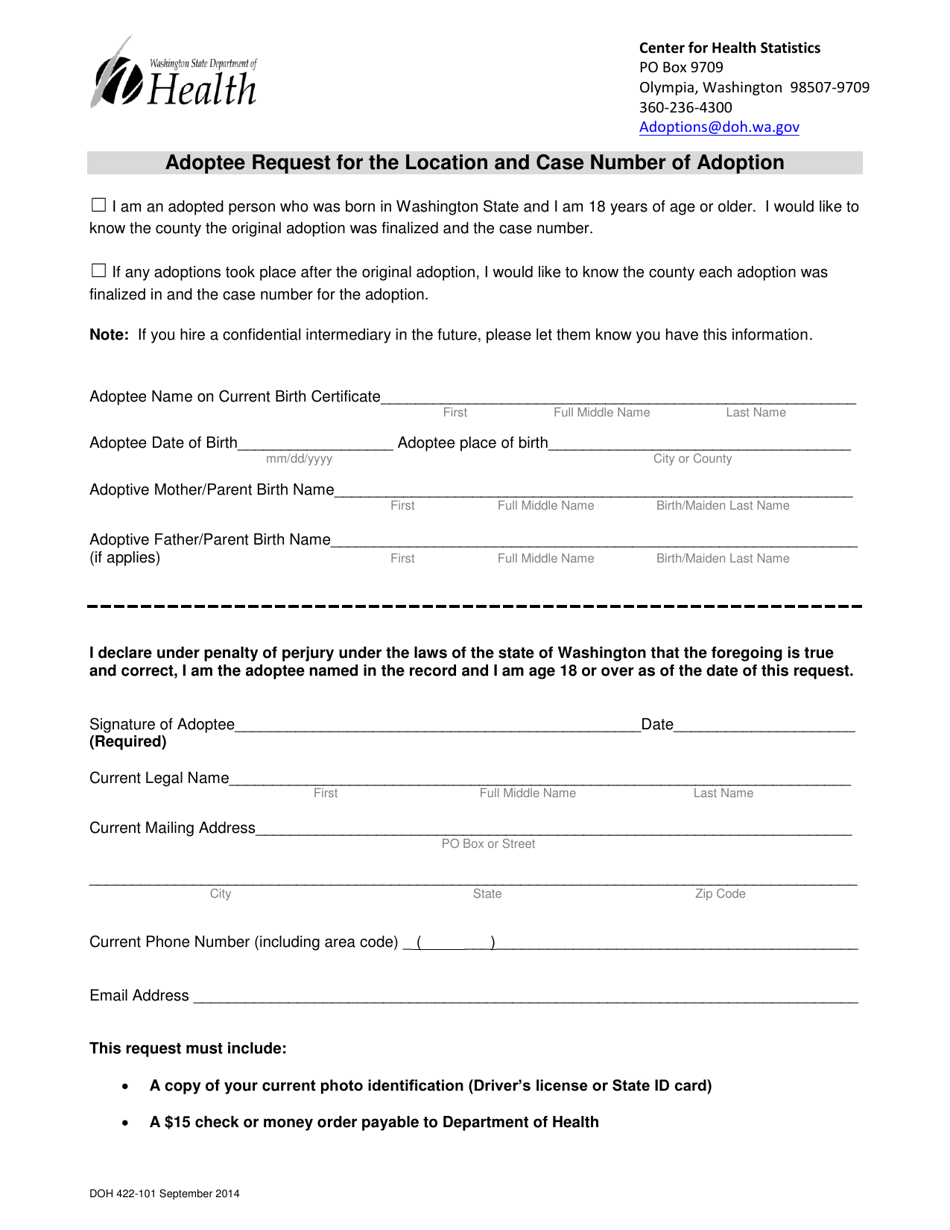 DOH Form 422-101 Adoptee Request for the Location and Case Number of Adoption - Washington, Page 1