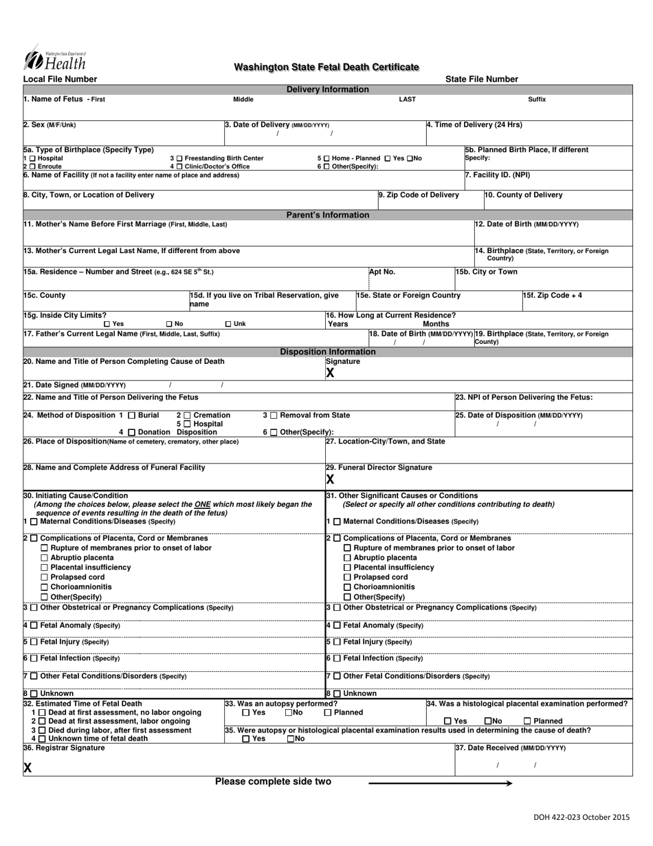 DOH Form 422-023 Washington State Fetal Death Certificate - Washington, Page 1