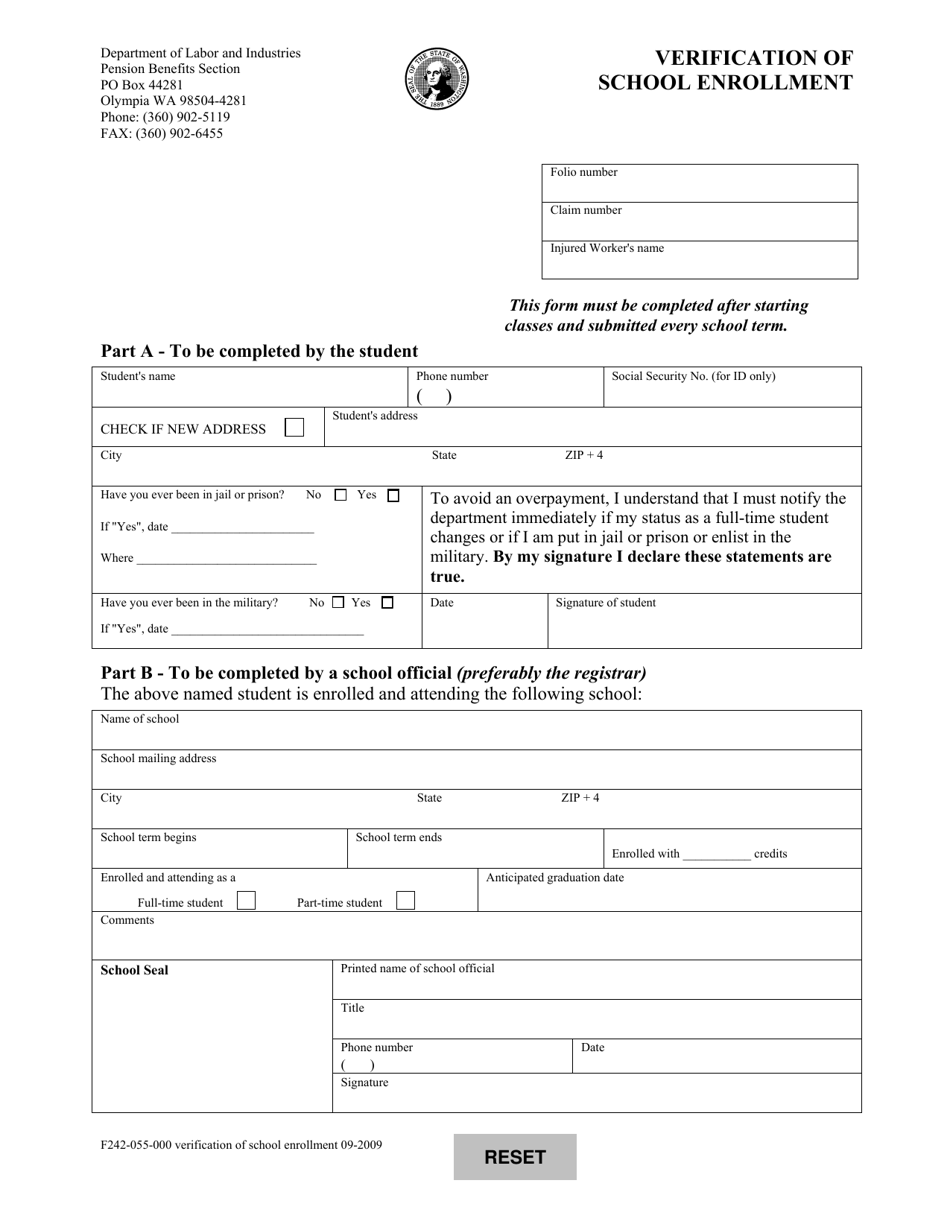 Form F242-055-000 Verification of School Enrollment - Washington, Page 1
