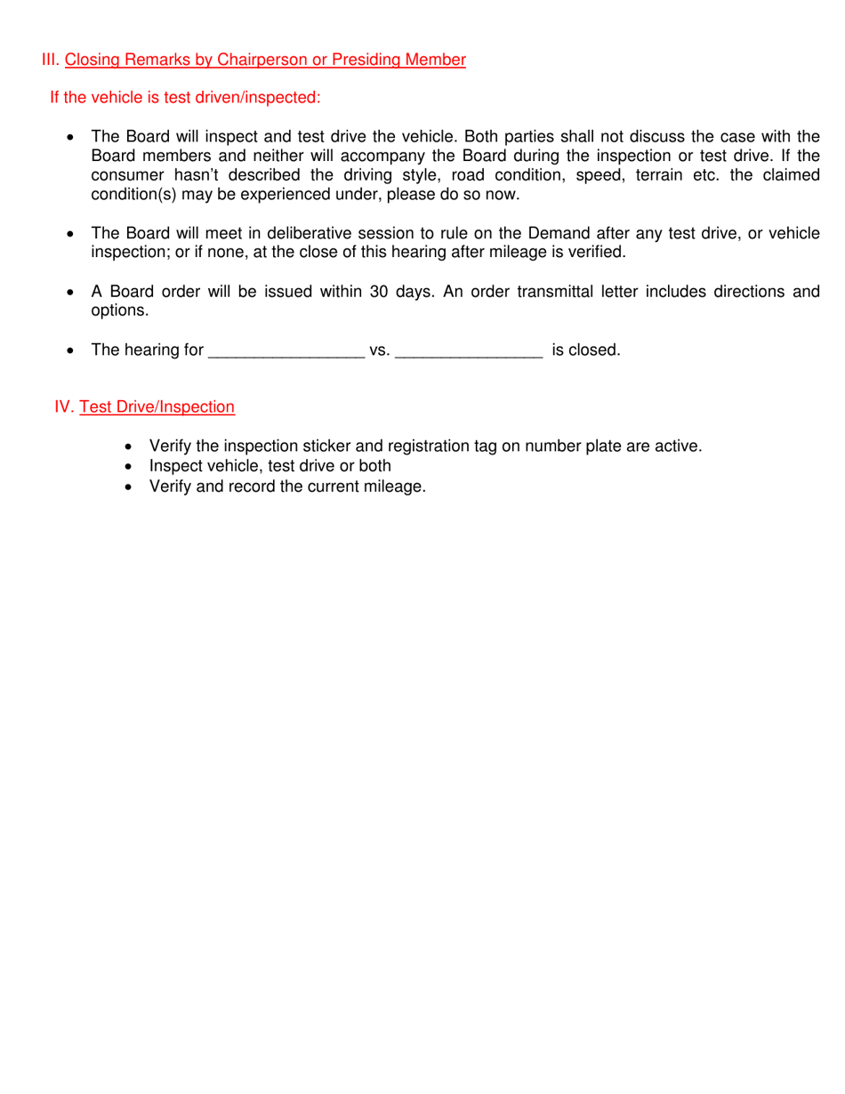 Vermont New Motor Vehicle Arbitration Board Hearing Protocol - Vermont, Page 3