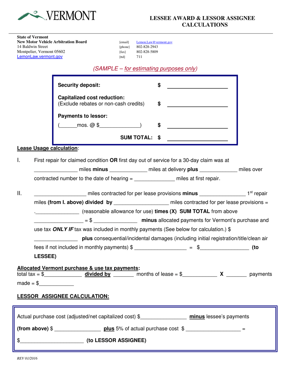 Sample Lessee Award  Lessor Assignee Calculations - Vermont, Page 1