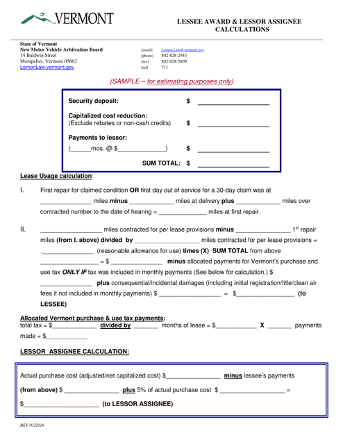 Sample Lessee Award & Lessor Assignee Calculations - Vermont Download Pdf