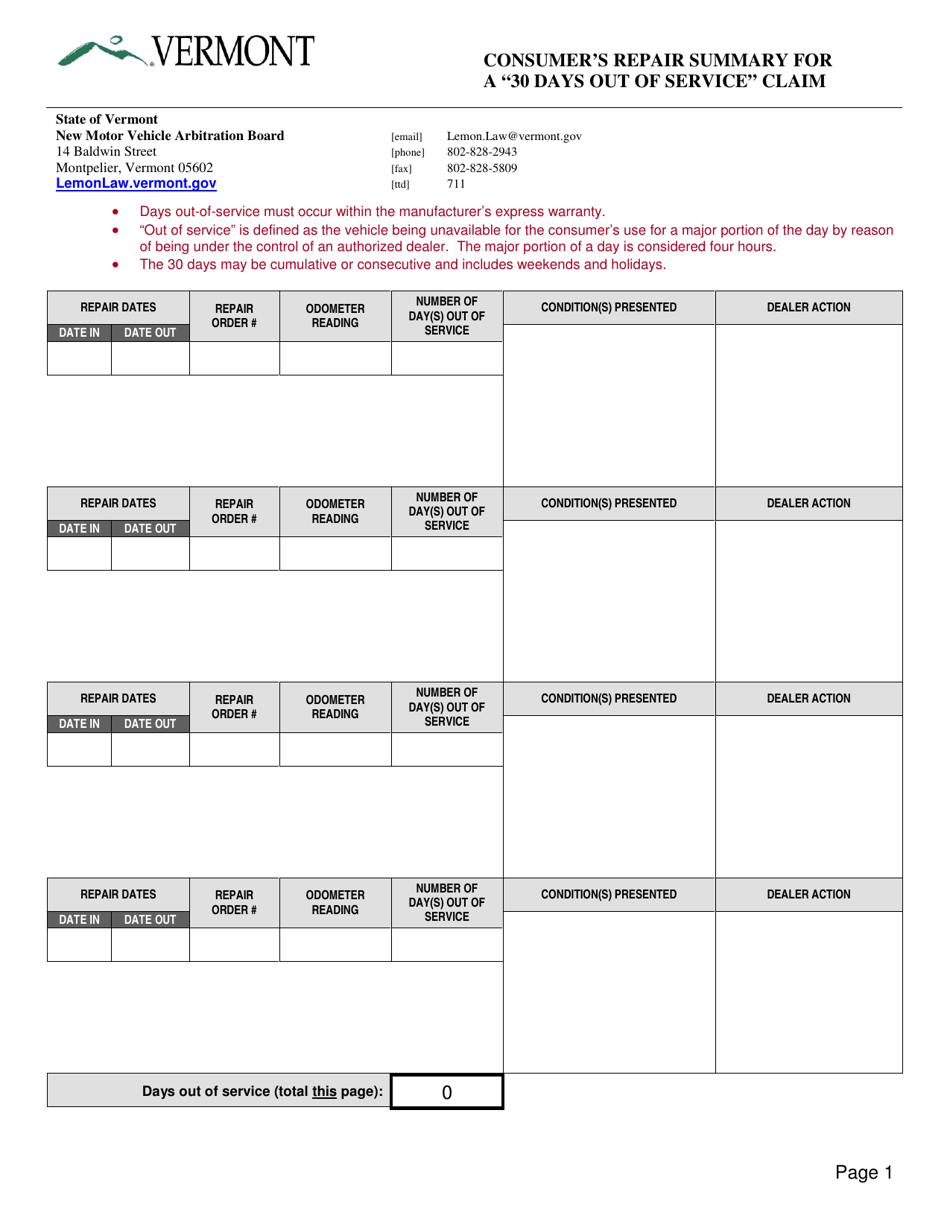 Consumers Repair Summary for a 30 Days out of Service Claim - Vermont, Page 1