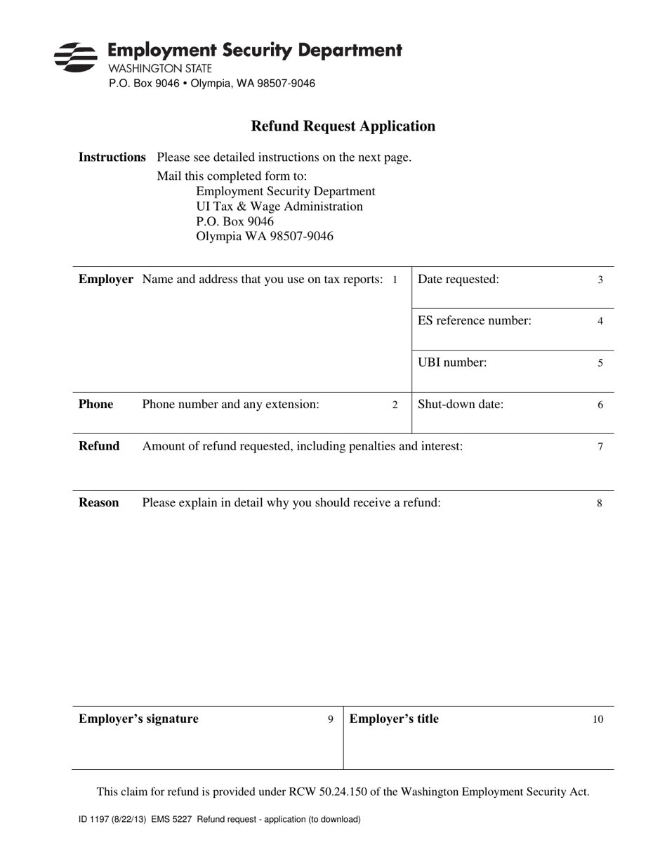 Form ID1197 (EMS5227) Refund Request Application - Washington, Page 1