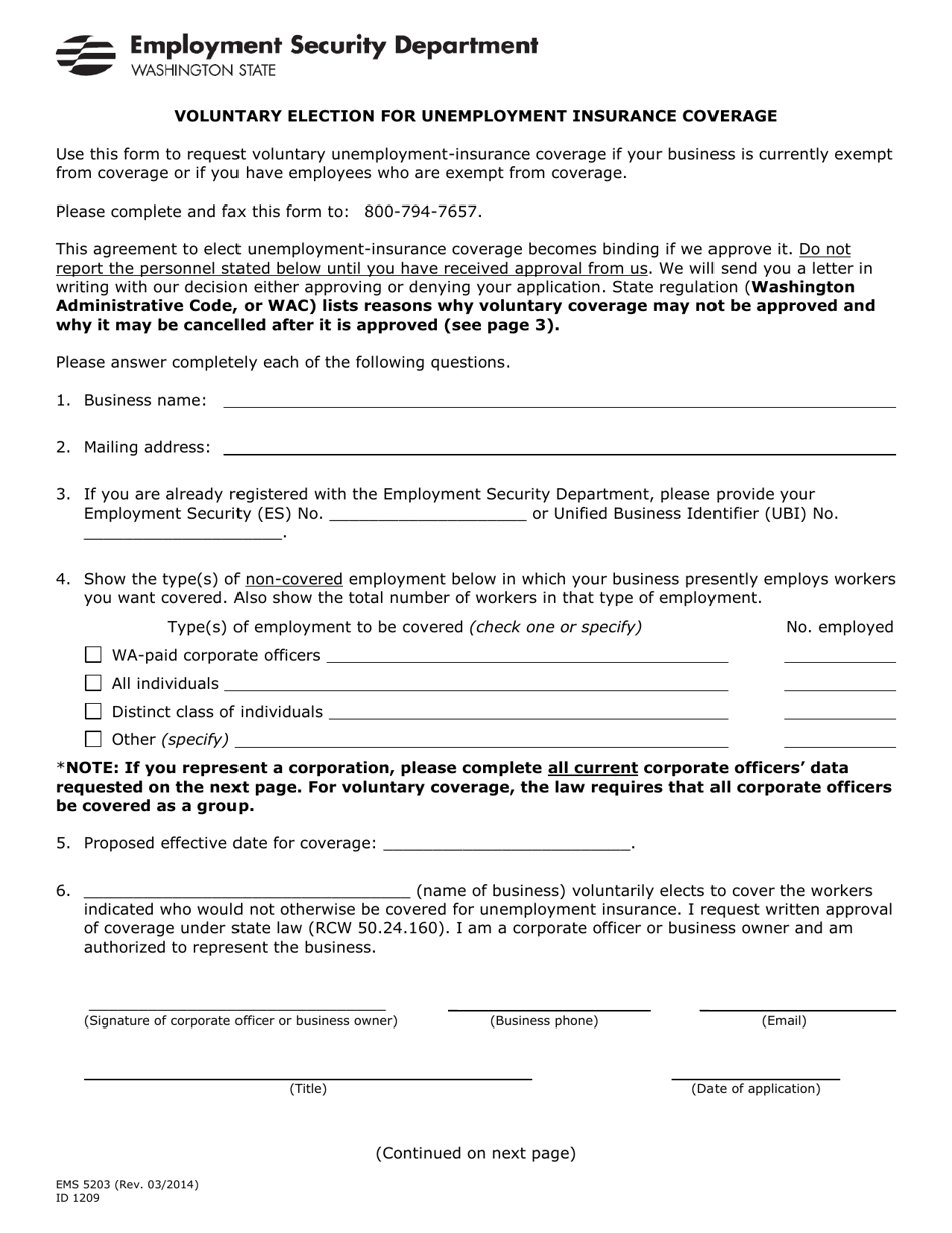 Form EMS5203 Voluntary Election for Unemployment Insurance Coverage - Washington, Page 1