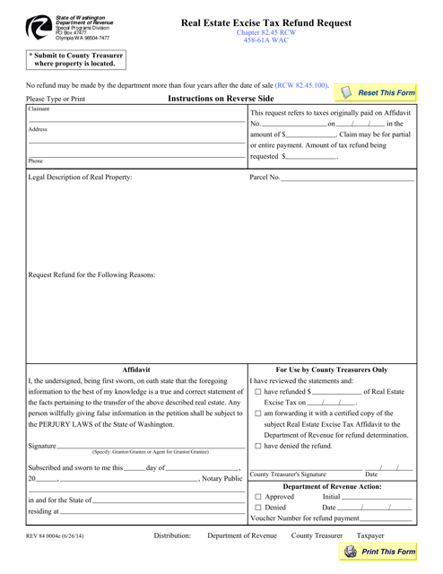 Form REV84 0004E Real Estate Excise Tax Refund Request - Washington