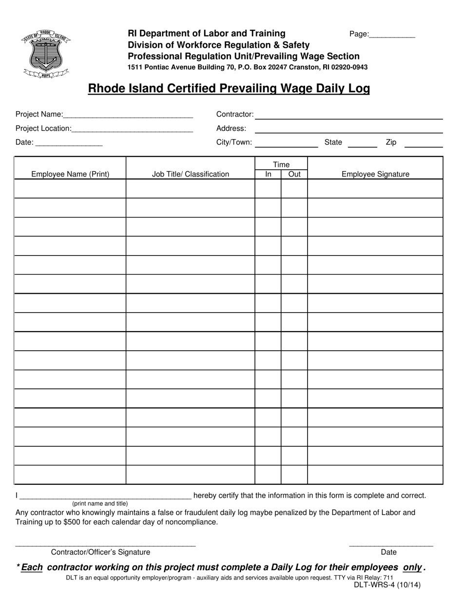 Form DLT-WRS-4 Rhode Island Certified Prevailing Wage Daily Log - Rhode Island, Page 1