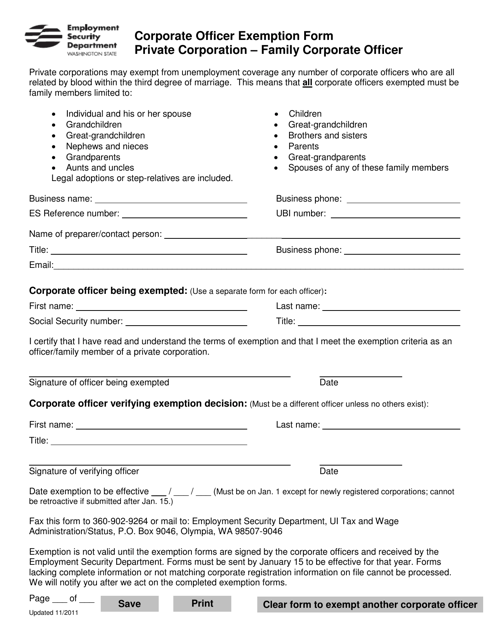Corporate Officer Exemption Form Private Corporation - Family Corporate Officer - Washington Download Pdf