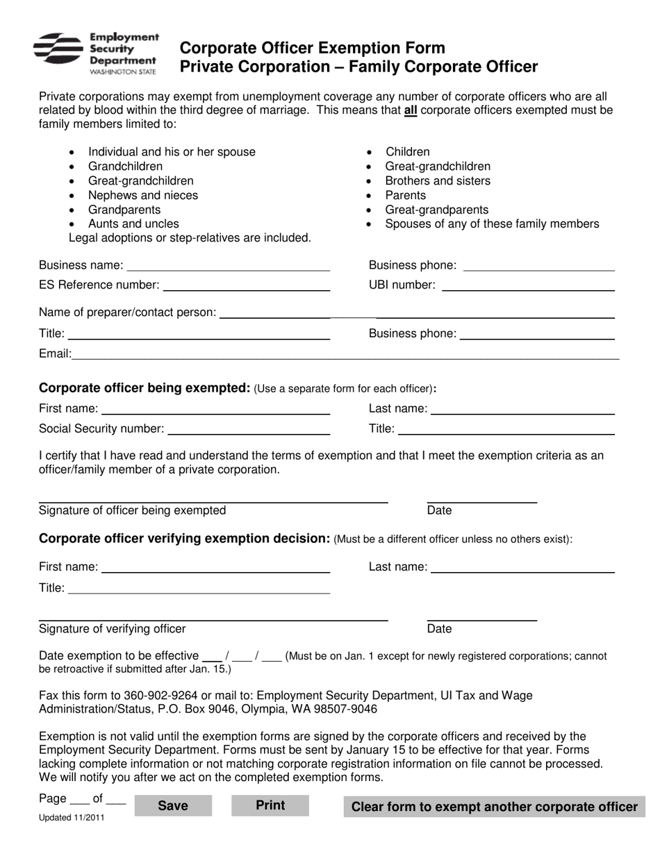 Washington Corporate Officer Exemption Form Private Corporation