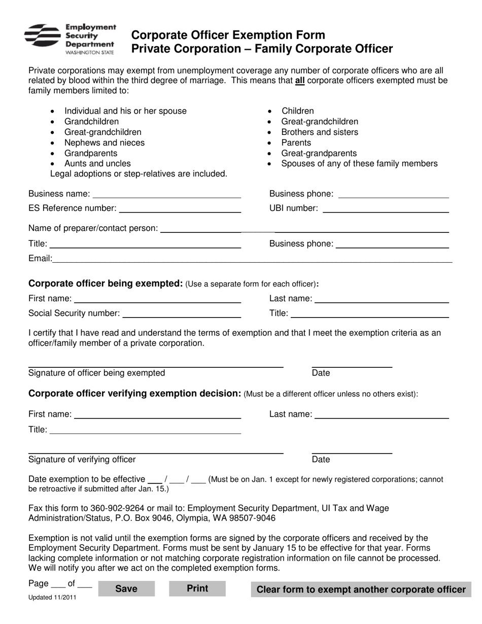Corporate Officer Exemption Form Private Corporation - Family Corporate Officer - Washington, Page 1