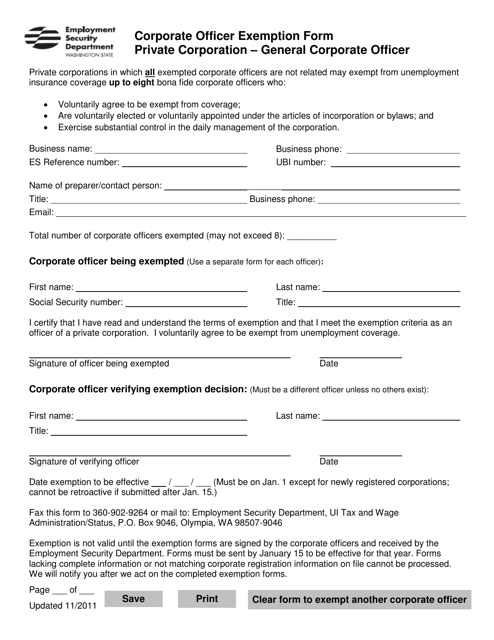 Corporate Officer Exemption Form - Private Corporation - General Corporate Officer - Washington Download Pdf