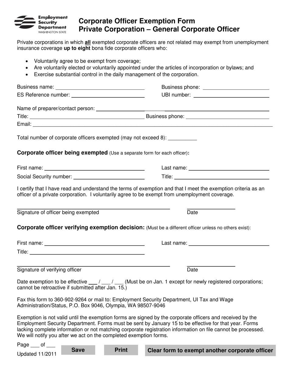 Corporate Officer Exemption Form - Private Corporation - General Corporate Officer - Washington, Page 1