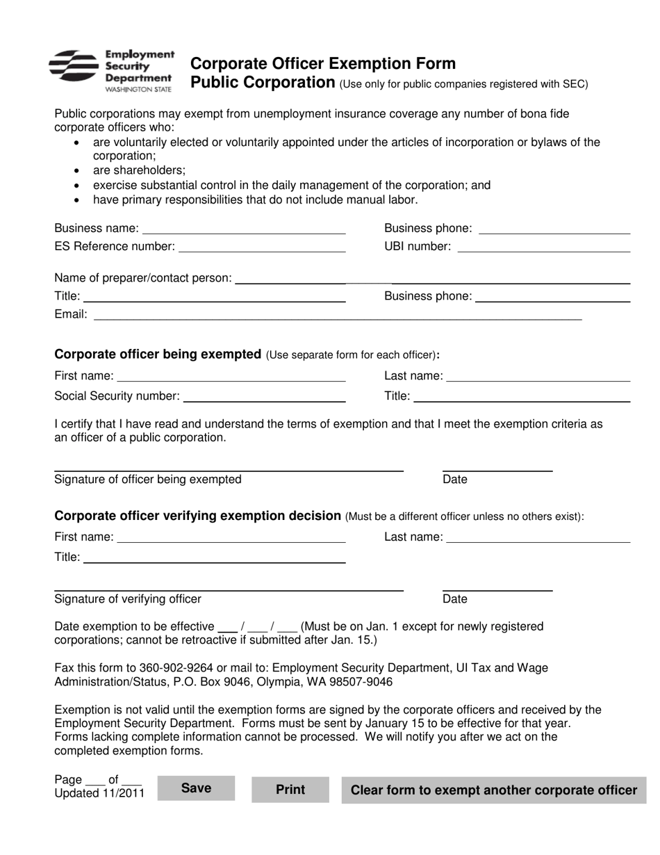 Washington Corporate Officer Exemption Form Public Corporation Fill