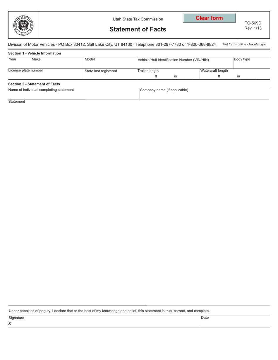 Form TC-569D Statement of Facts - Utah, Page 1