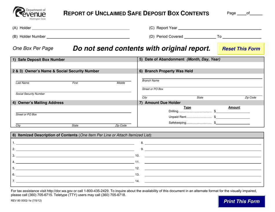 Form REV80 0002-1E Report of Unclaimed Safe Deposit Box Contents - Washington, Page 1