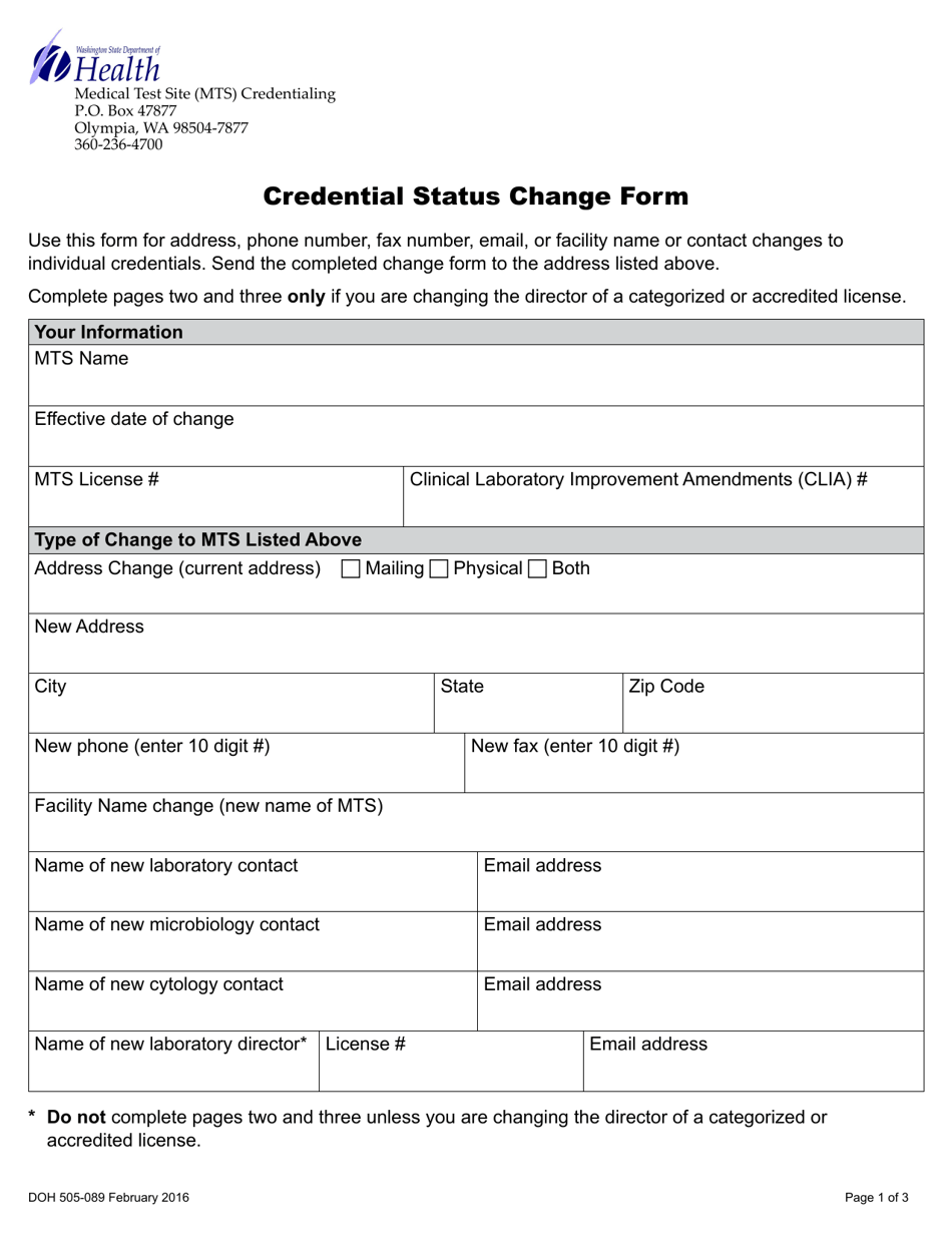 DOH Form 505-089 Credential Status Change Form - Washington, Page 1