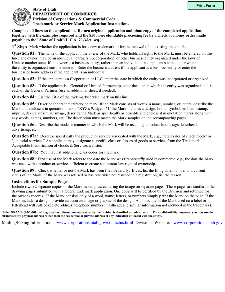 Instructions for Application for State Trademark or Service Mark Registration - Utah, Page 1