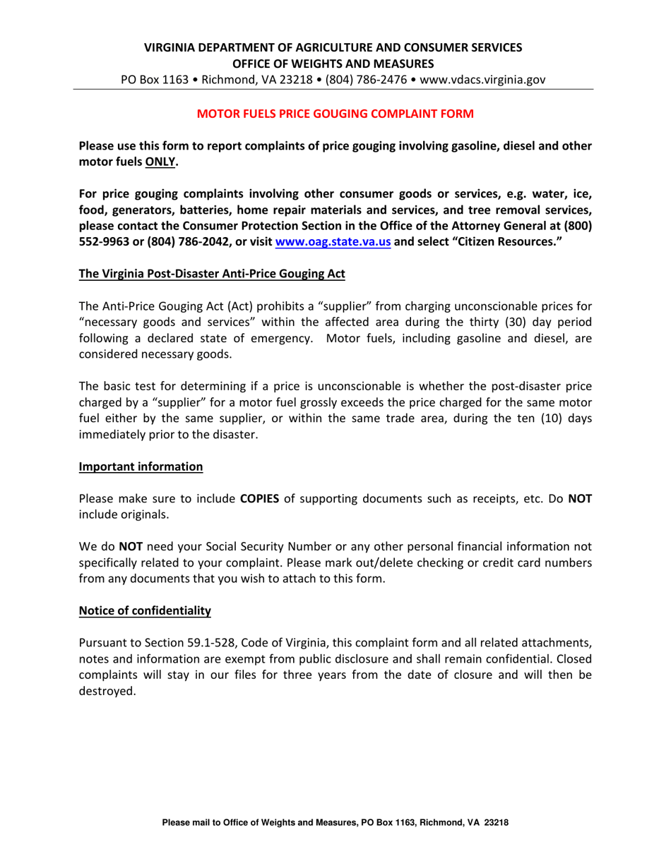 Virginia Motor Fuels Price Gouging Complaint Form Fill Out, Sign