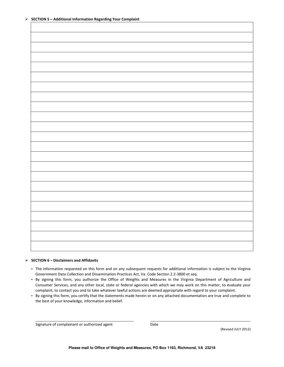 Motor Fuels Price Gouging Complaint Form - Virginia, Page 3