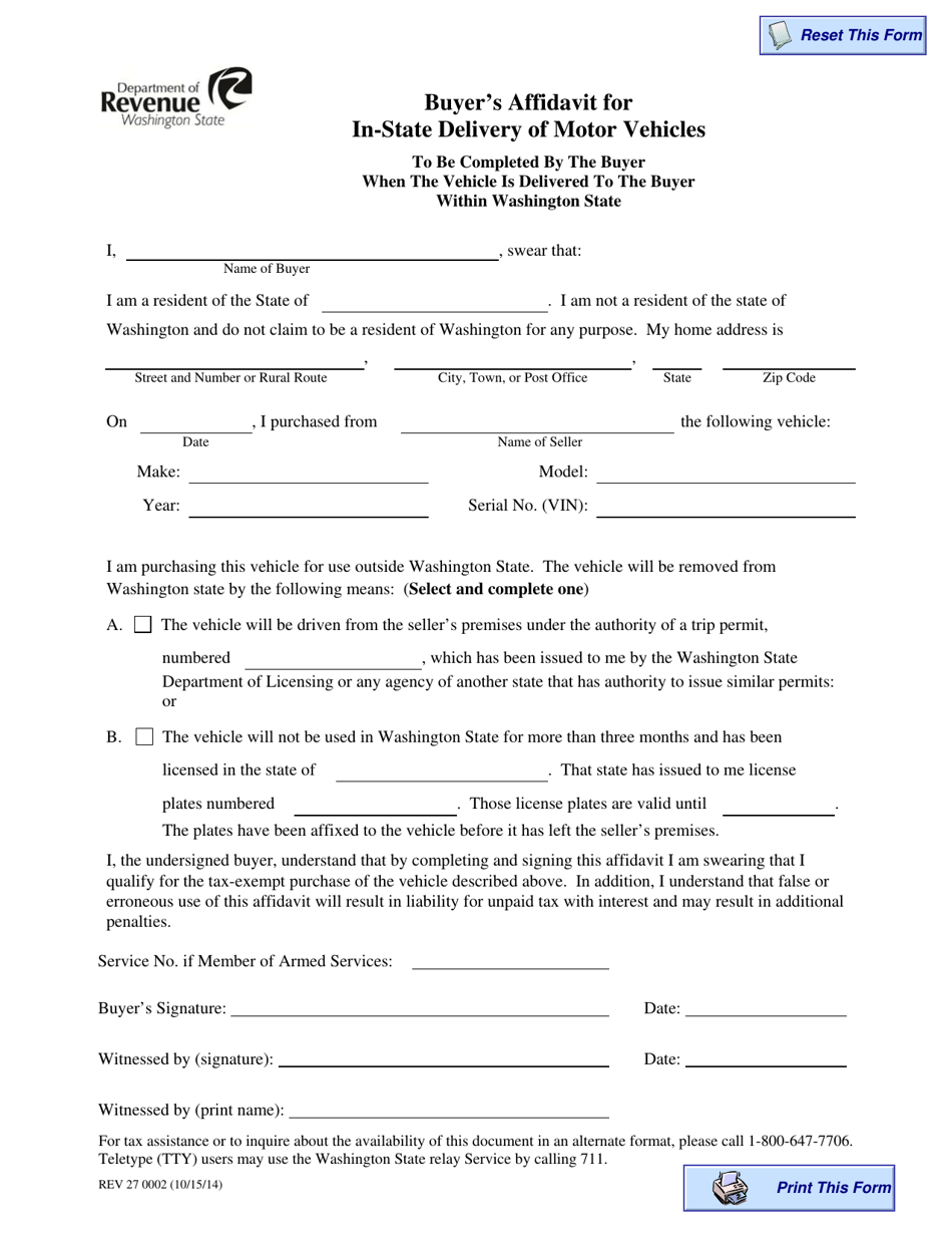 Form REV27 0002 Buyers Affidavit for in-State Delivery of Motor Vehicles - Washington, Page 1