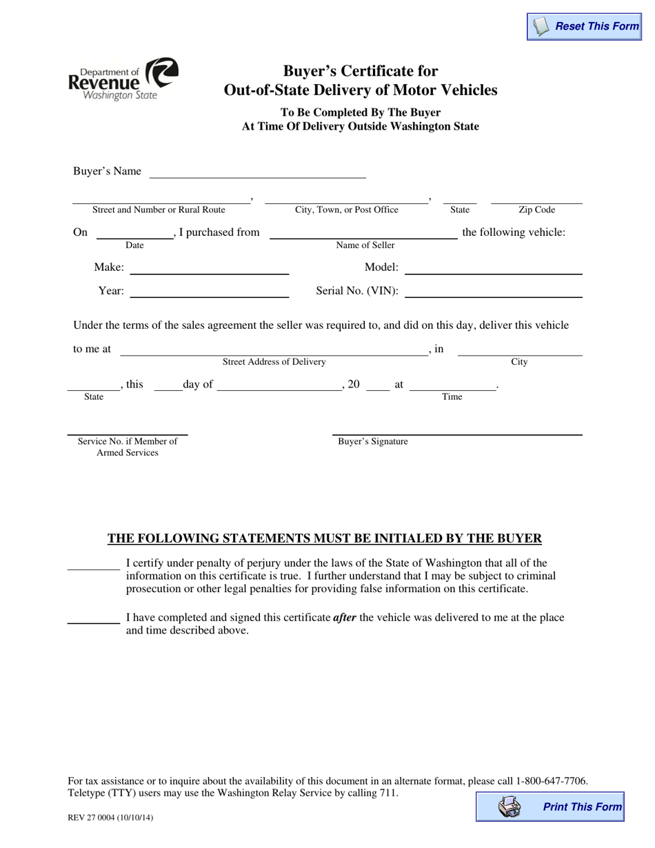 Form REV27 0004 Buyers Certificate for Out-of-State Delivery of Motor Vehicles - Washington, Page 1