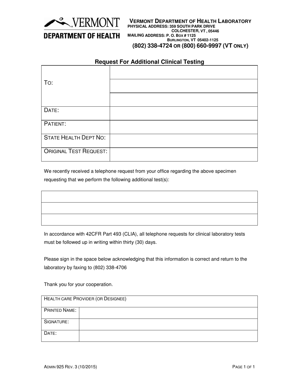 Form Admin925 Request for Additional Clinical Testing - Vermont, Page 1