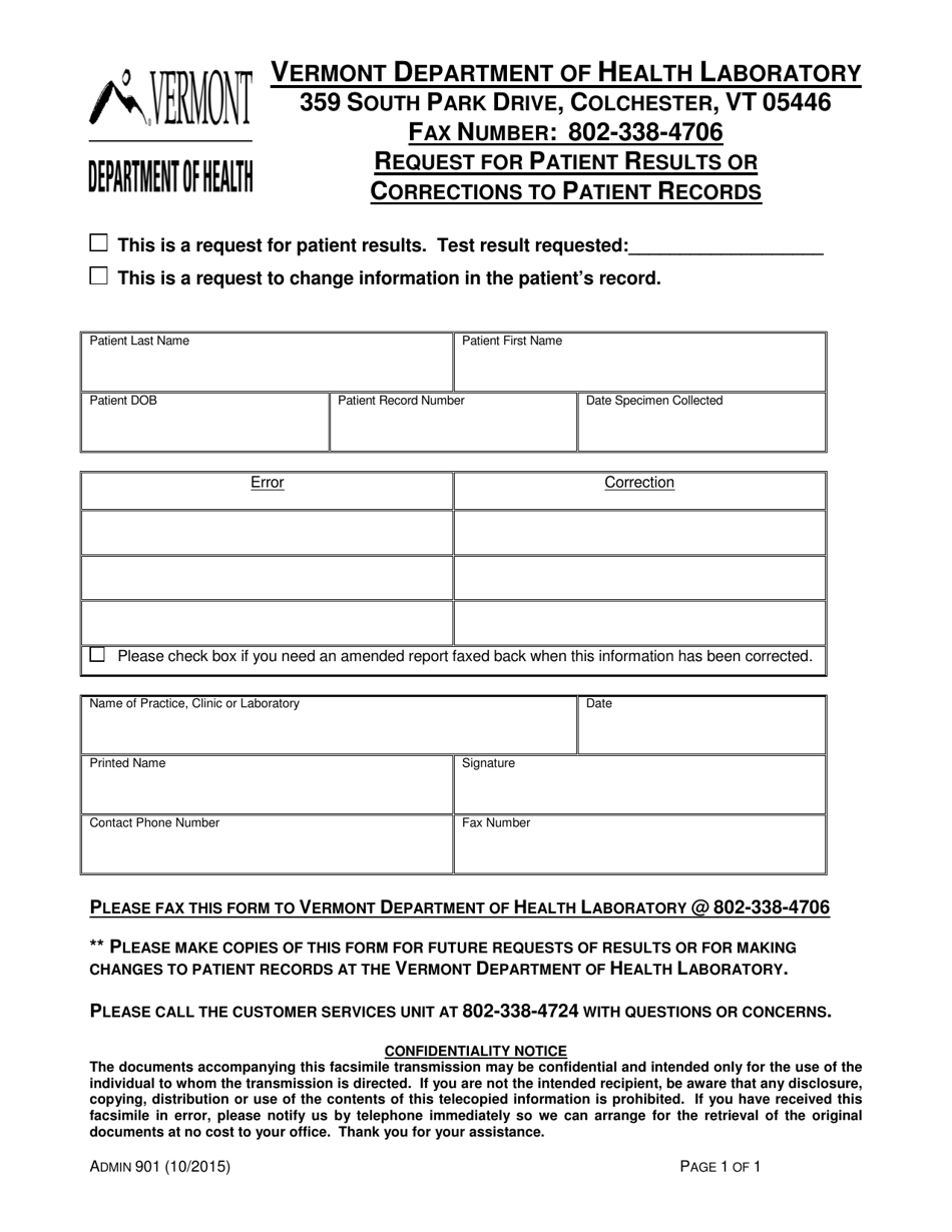 Form Admin901 Request for Patient Results or Corrections to Patient Records - Vermont, Page 1
