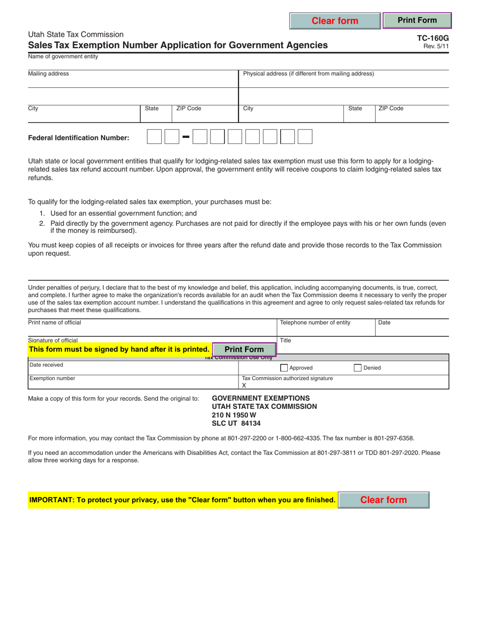 Form TC-160G Sales Tax Exemption Number Application for Government Agencies - Utah, Page 1