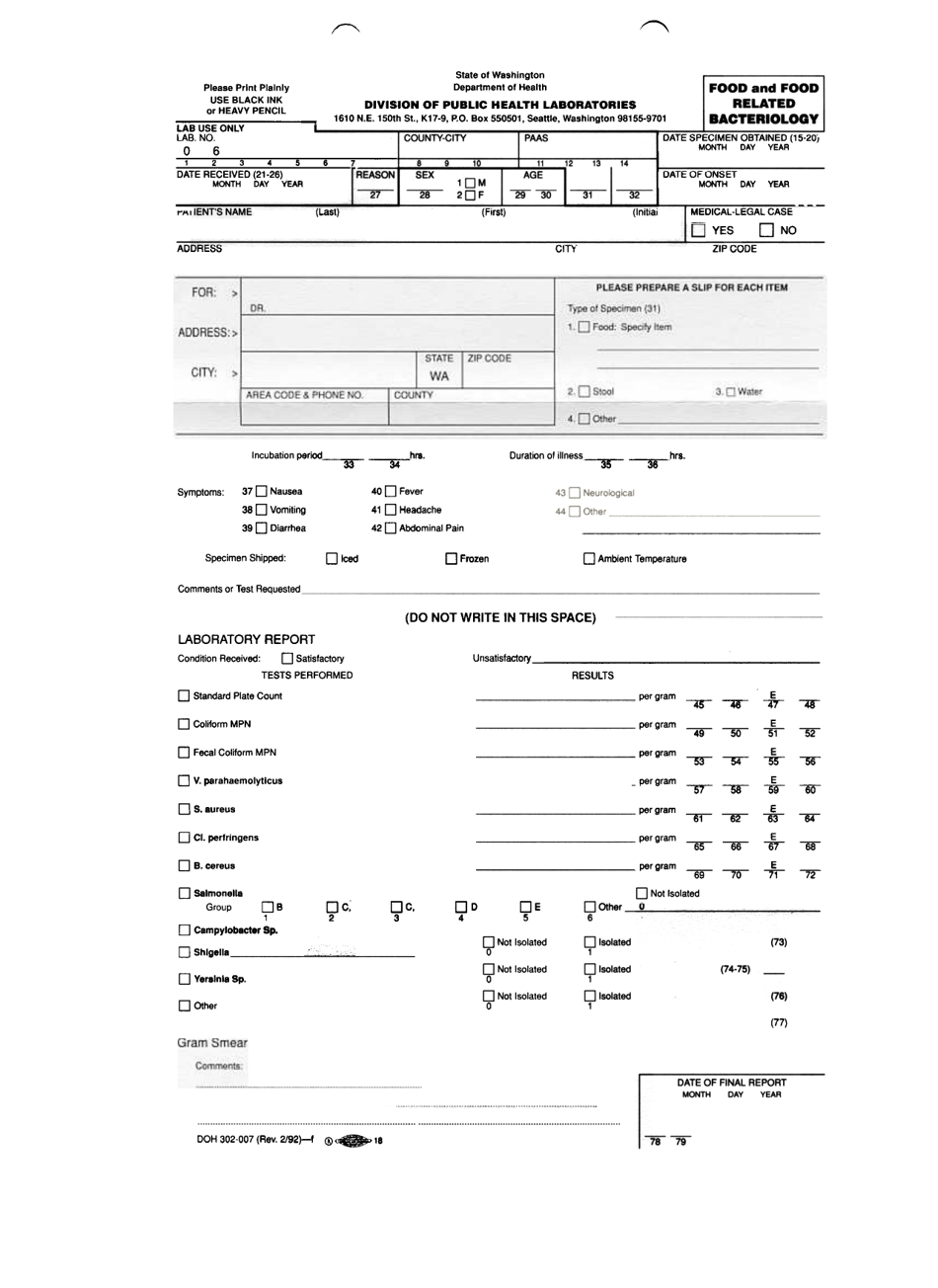 DOH Form 302-007 Food and Food Related Bacteriology - Washington, Page 1