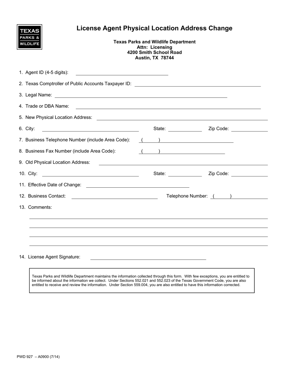 Form PWD927 License Agent Physical Location Address Change - Texas, Page 1