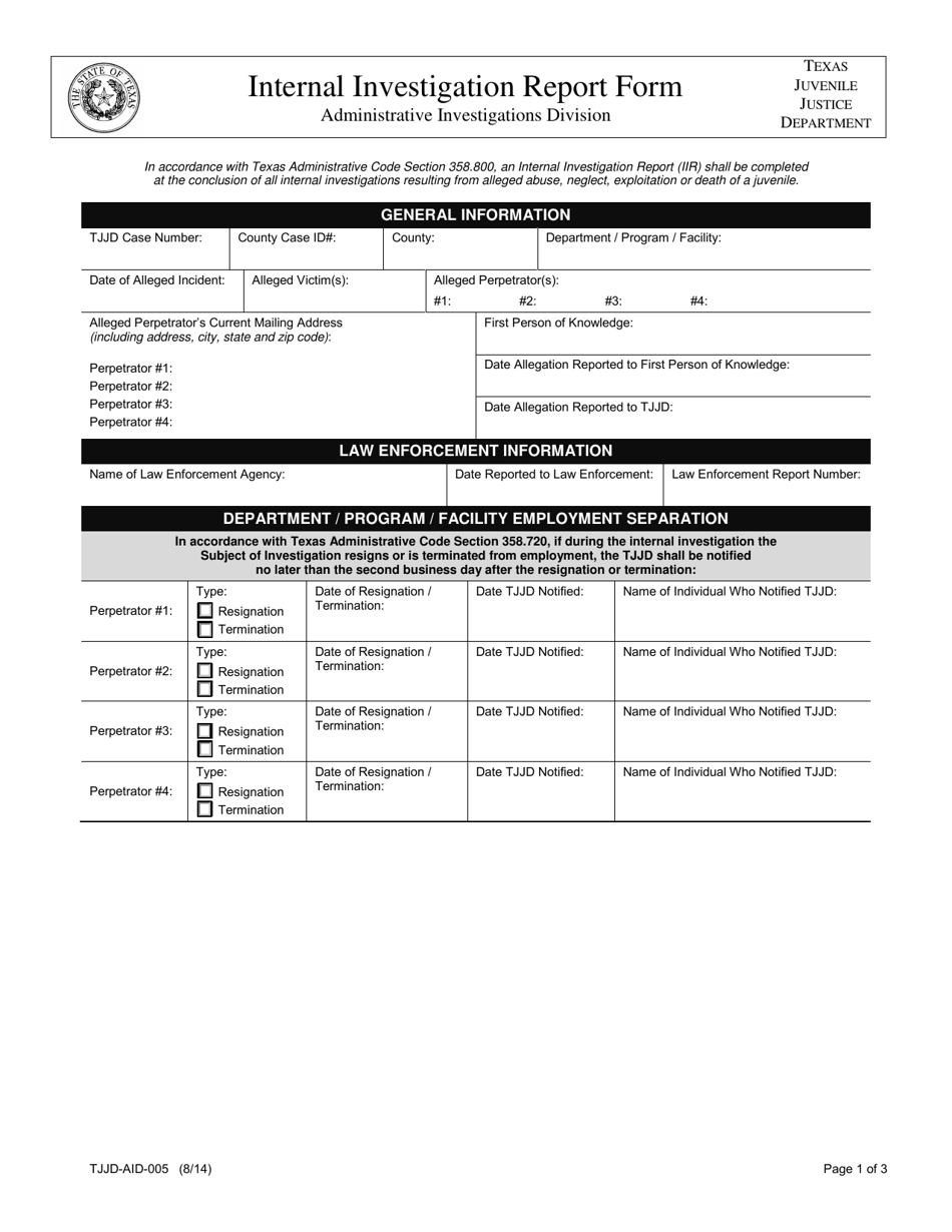 Form TJJD-AID-005 Internal Investigation Report Form - Texas, Page 1