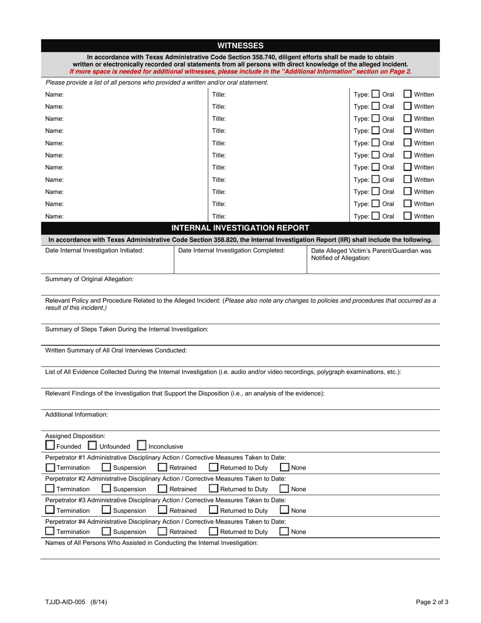 Form TJJD-AID-005 Internal Investigation Report Form - Texas, Page 2