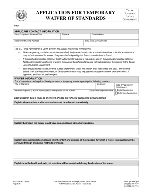 Form TJJD-GEN-001 Application for Temporary Waiver of Standards - Texas