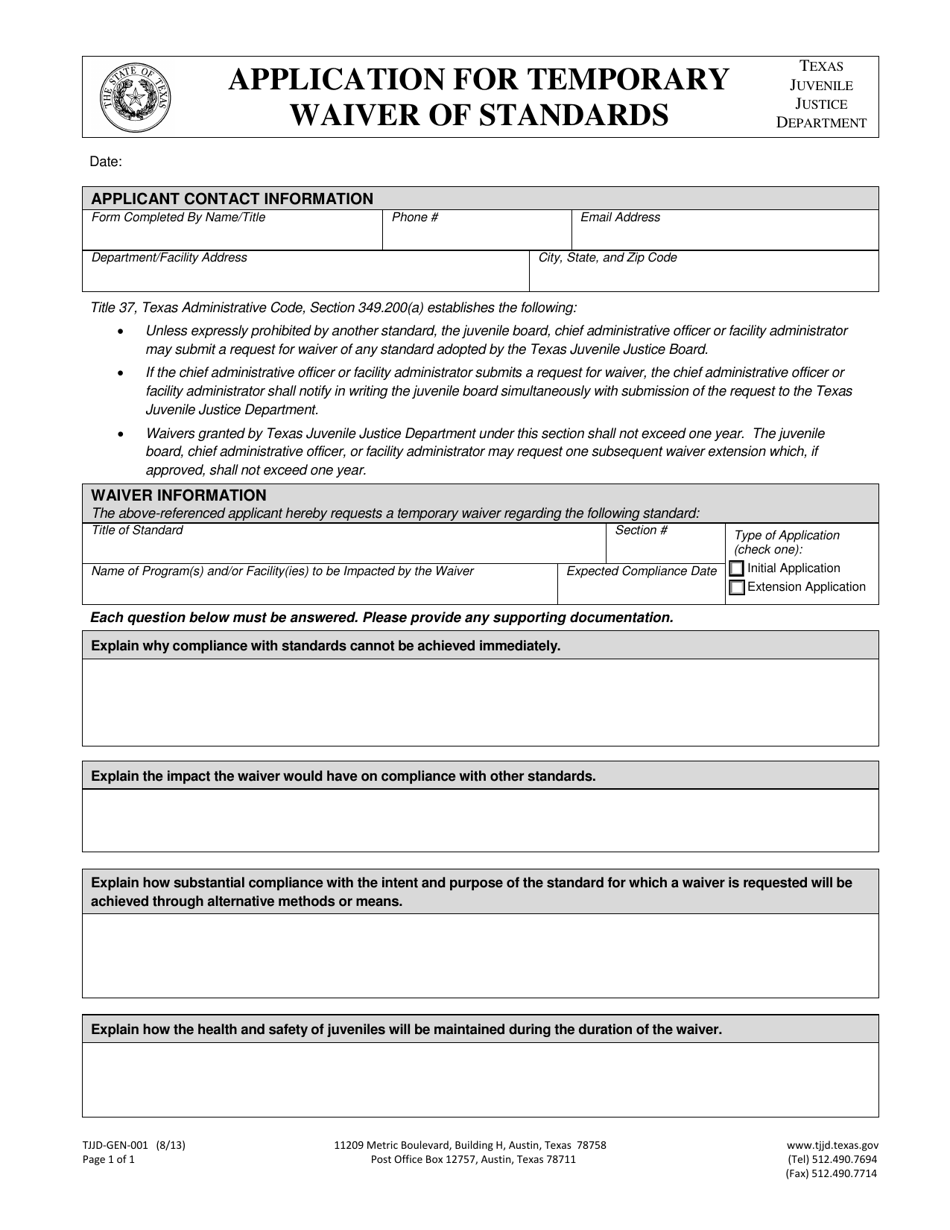 Form TJJD-GEN-001 Application for Temporary Waiver of Standards - Texas, Page 1