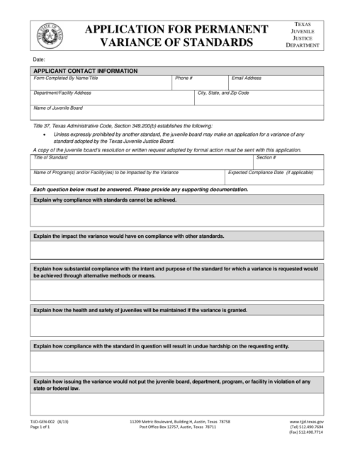Form TJJD-GEN-002 Application for Permanent Variance of Standards - Texas