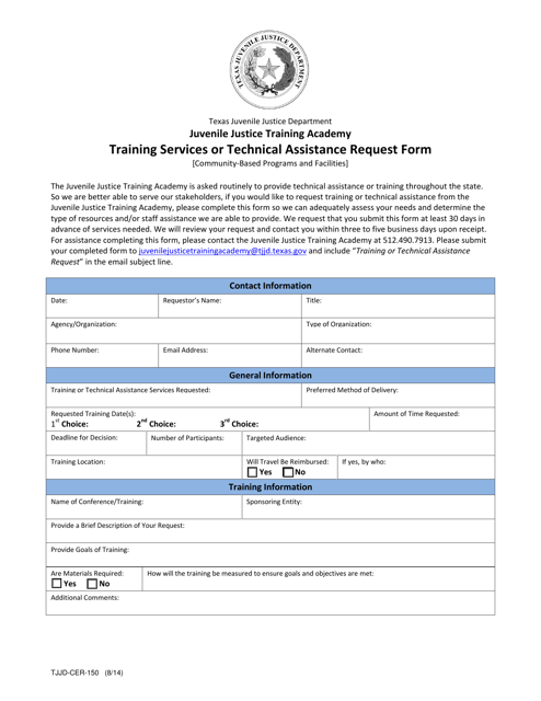 Form TJJD-CER-150 Training Services or Technical Assistance Request Form - Texas